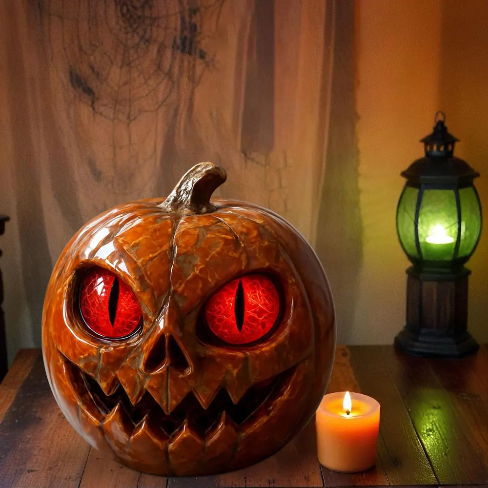 تصميم فريد من نوعه على شكل يقطين مصنوع يدويًا تمثال يقطين أحمر العينين مظهر رخامي من الراتنج مع عيون كهرمانية ديكور سطح الطاولة للهالوين