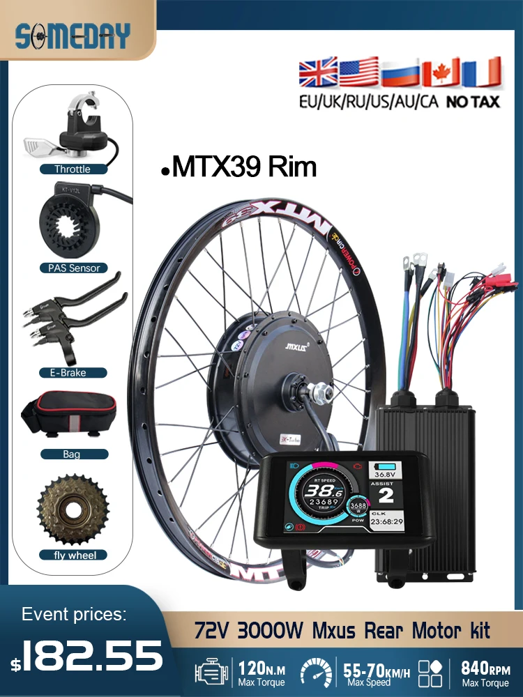 AliExpress MXUS Brand Electric Bike Conversion Kit 72V 3000W Rear Hub Motor EBike Conversion Kit 80A Controller with UKC1 Color Display
