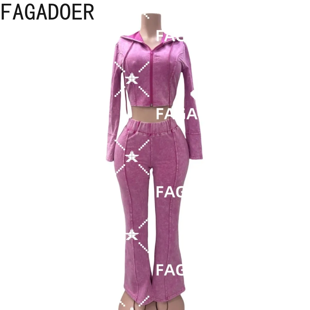 FAGADOER Quality 2 Piece Sets Women Outfit Fashion Zip Hooded Patchwork Jacket + Stretchy Flare Pants Suit Streetwear Autumn New