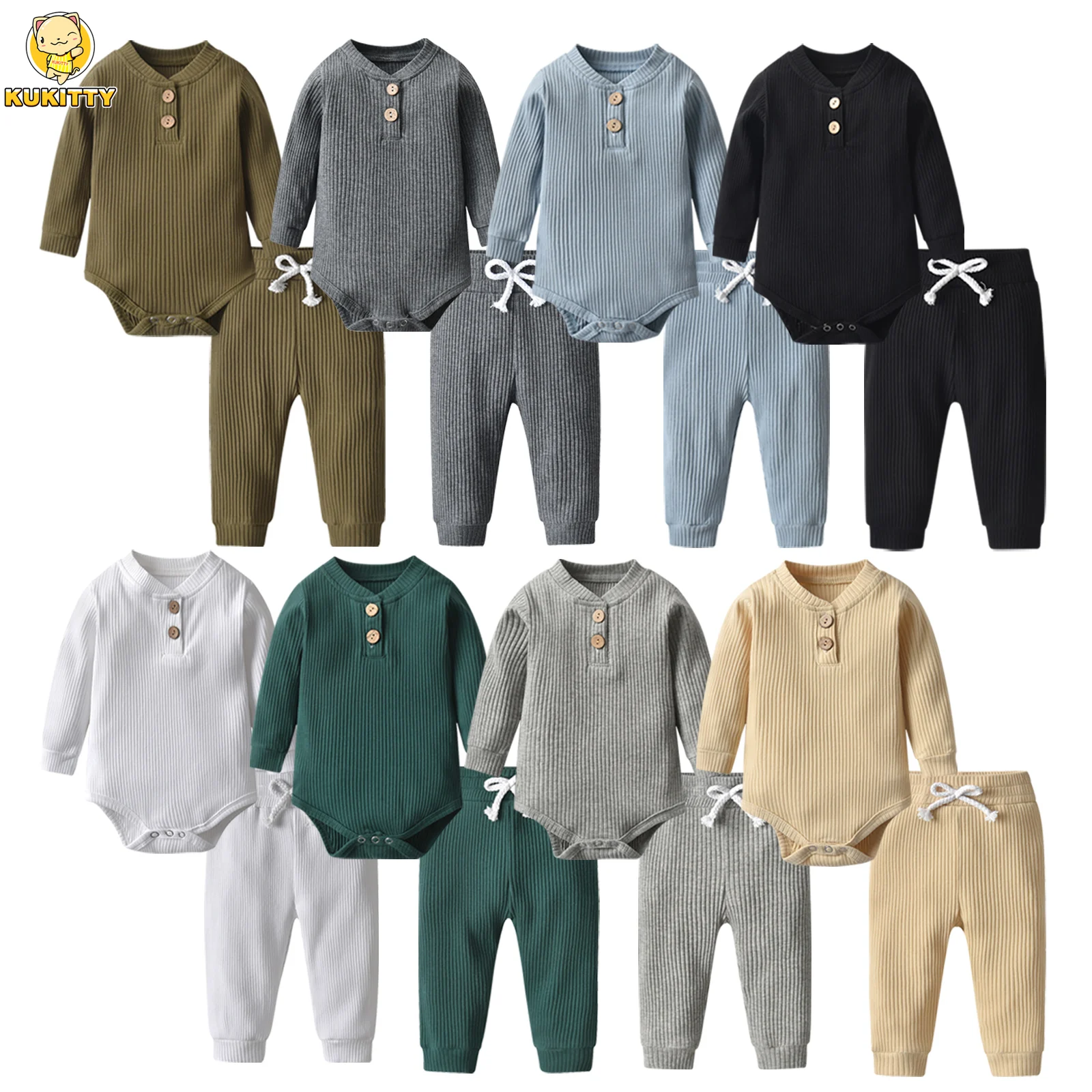 Newborn Baby Boys Girls Clothes Set Cotton Solid Knitted Ribbed Long Sleeve Bodysuit and Pants Infant Clothig Outfits