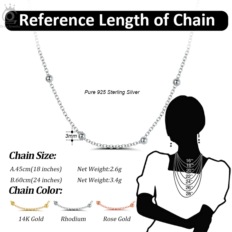 ORSA JEWELS 925 Sterling Silver 1.0mm Cable Chain Necklace with 3.0mm Bead Creative Fashion Women\'s Chain Necklace Jewelry SC43