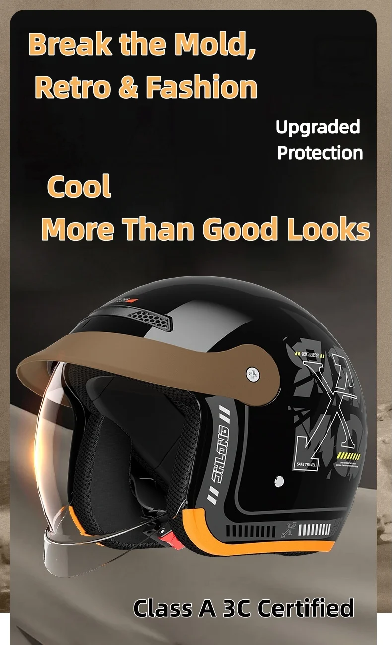 Vintage Motorcycle Helmet 3/4 Open Face Retro Scooter Helmet Anti-Fog Built-in Visor Detachable Earpads 3C Certified Unisex