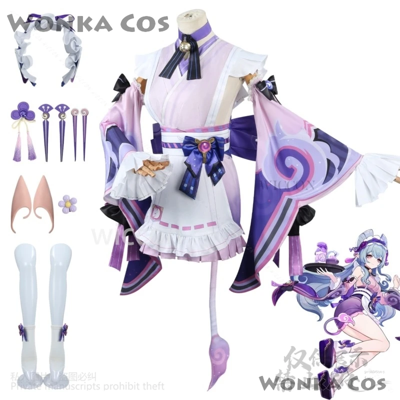 게임 Genshin Impact Yumemizuki Mizuki 코스프레 애니메이션 핑크 퍼플 메이드 복장 로리타 가발 모자를 쓰고 있죠 양말 귀걸이 소녀 용