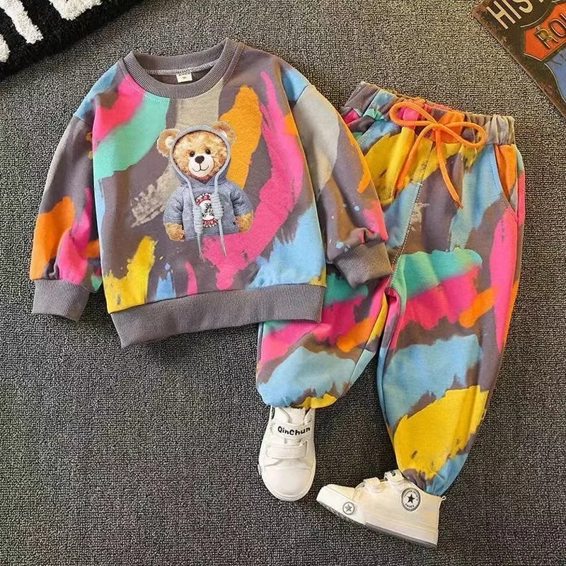 Frühling Kleinkind Baby kleidung Set Mode Graffiti Pullover und Hose Outfit Kinder Junge Mädchen Cartoon Bär oben und unten Trainings anzug