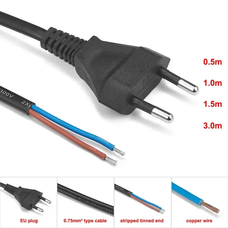 EU Pigtail Power Adapter Cable Cord 0.5m 1m 1.5m 220V Electric Copper Wire Power Supply Cable For Extension Sockets Lamps DIY