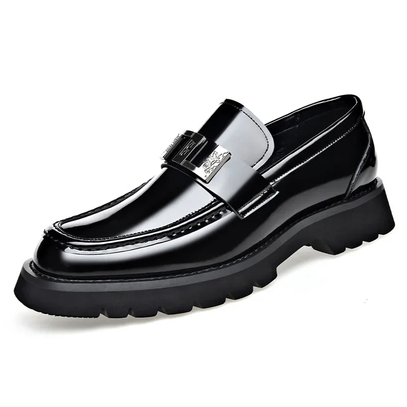 Designer New Thick Soled Bright Metal Men\'s Loafers Fashion Square Head Leather Lightweight Slip-on Retro Plus-size Man Shoes