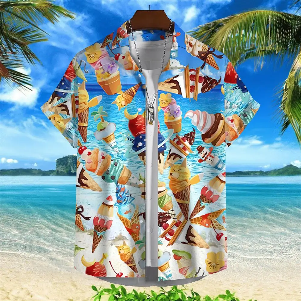 Hawaiian Shirt Ice Cream Printed Shirts For Men Spanish Short Sleeved Top Summer Streetwear Trendy Beach Party Social Clothing