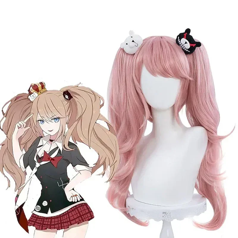 Anime Danganronpa Enoshima Junko Cosplay Wig Pink Long Wavy With Ponytail Clip White Black Bear Hairpins Girl Gift