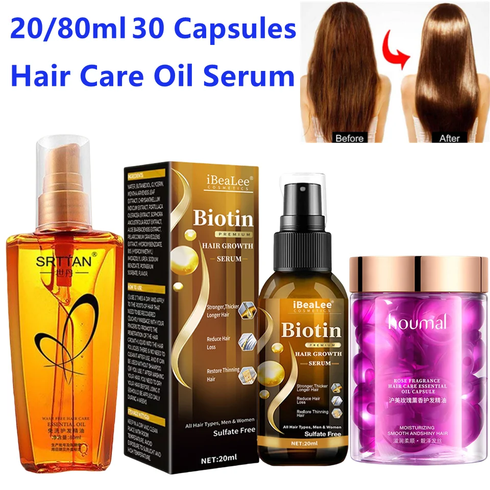 20/80ml 30 cápsulas de biotina reparación del cabello aceite débil reparación del cuero cabelludo suero Spray espesar sueros para el cabello promoción del cuidado del cabello más saludable