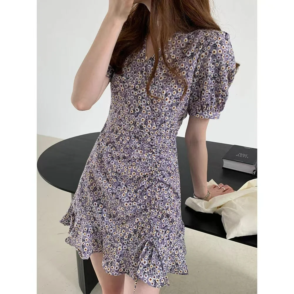 Floral Print Women's Dress Bubble Sleeve Drawstring Waist Short Fish Tail Skirt City Walk Style Summer New Arrival 2026