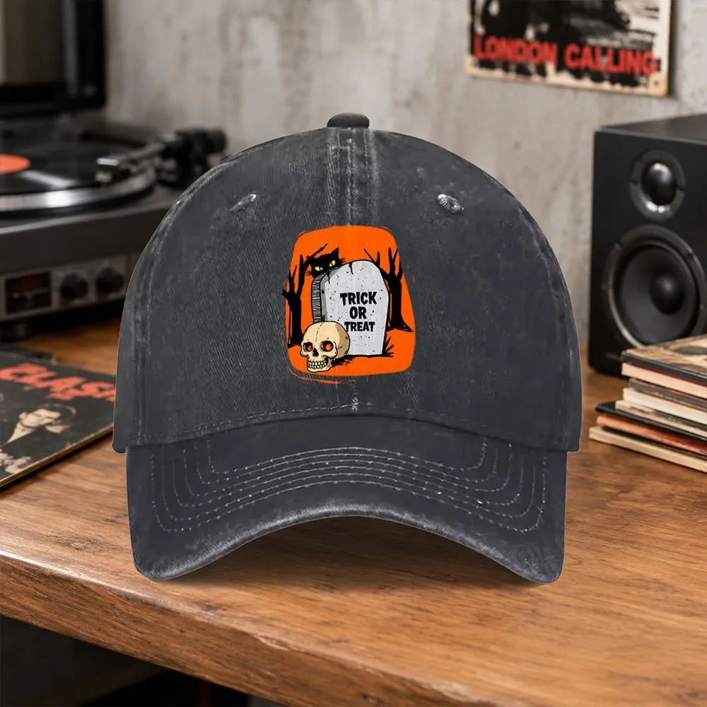 Halloween Trick or Treat Graphic Vintage Washed Baseball Cap Unisex Casual Outdoor Sports Cap