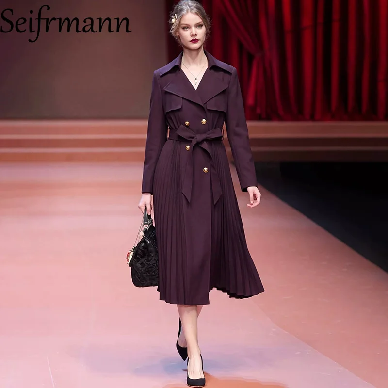 Seifrmann Solid Color Pleated Windbreaker Lapel Long Sleeves Lace Up Waist Mid-Length Windbreaker 2026 Autumn Women's New Style