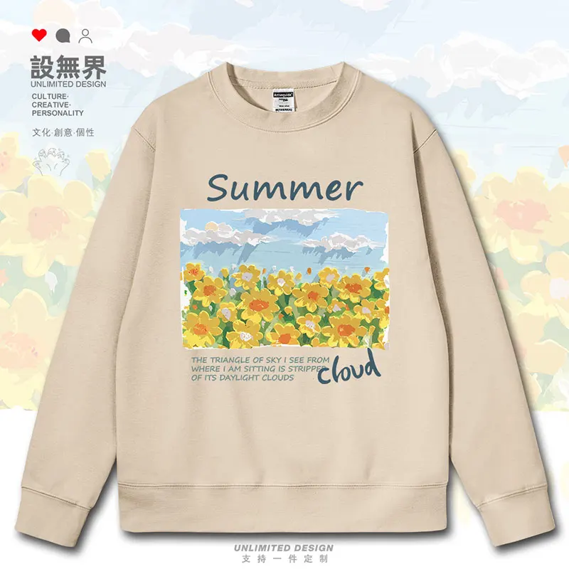 Fresh Japanese style oil painting with small yellow flowers, blue sky, and white clouds mens hoodies printed autumn winter