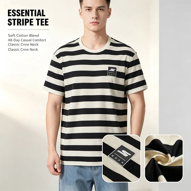 SKECHERS Men Striped Short Sleeve Crew Neck Soft Breathable Cotton Tee Casual Daily Wear Golf Basic Stripe Top P225U122-03K8