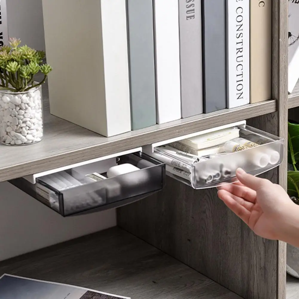 Auto-adesivo plástico Desktop Organizer, sob a mesa gaveta, anexável gaveta escondida, vara na gaveta, material de escritório