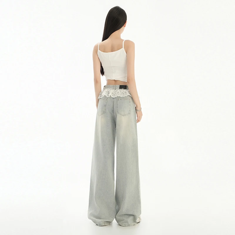 MULAN Wygodne damskie jeansy o prostym kroju, przyjazne dla skóry, w stylu retro Harajuku Y2K, streetwear, z wysokim stanem i koronkowymi wykończeniami na nogawkach.