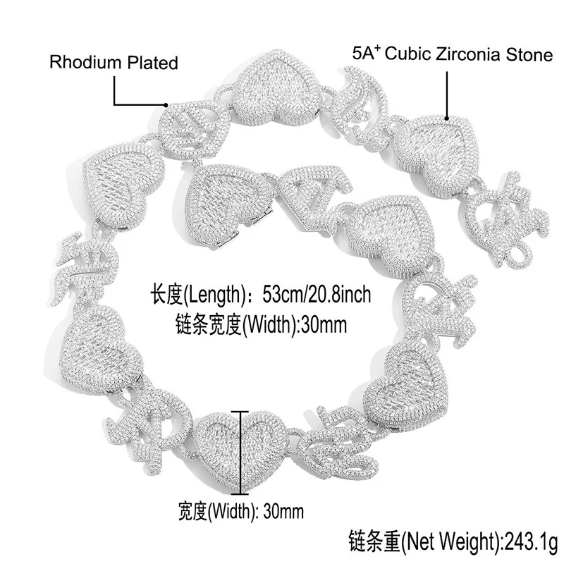 30mm Big Heavy Hip Hop 5A+ CZ Stone Bling Iced Out Letters Hearts Link Chain Necklace for Men Rapper Jewelry Drop Shipping