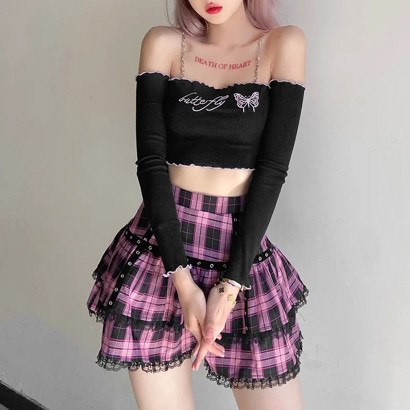 Gothic Purple Pink Plaid Pleated Skirt Japanese Harajuku Girls Punk Sweet Lace Kawaii Lolita Cake Mini Skirts Cosplay Costume