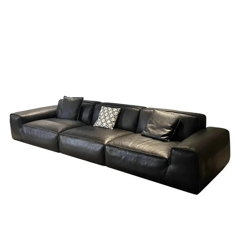 

Tofu cubes Italian style living room straight row cowhide all green leather leather big black cow sofa