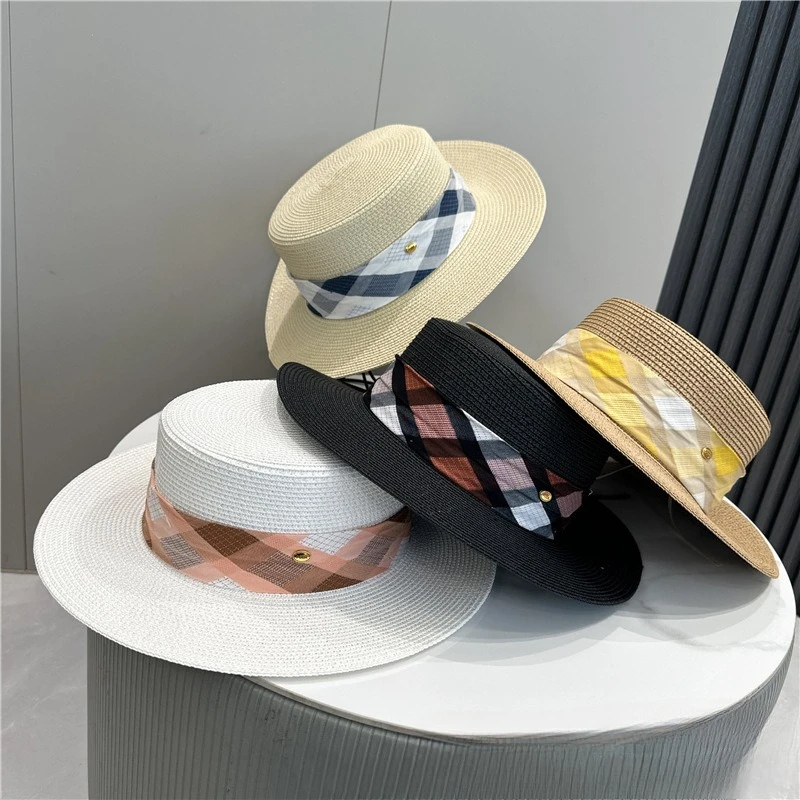 English Style Women Summer Wide Flat Top Brim Straw Hat Multicolor Checkered Striped Design Fashion Outdoor Travel Sun  Hat