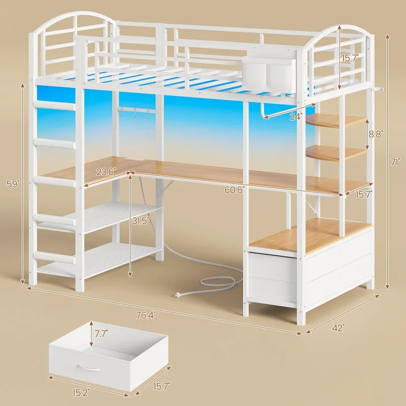 Twin Size Gaming Loft Bed with Desk, 4 Fabric Drawers, RGB LED Lights & Under-Bed Play Zone with Soft Padded 2-Step