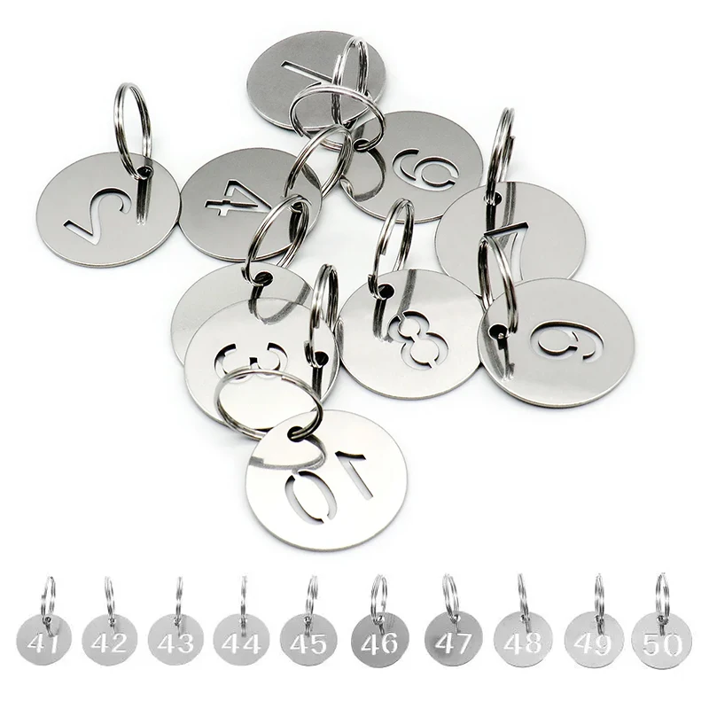 ステンレス鋼の丸い番号ラベル、透かし彫りプレート、キータグ、スーツケース識別子用のチェーンラベル、1-100
