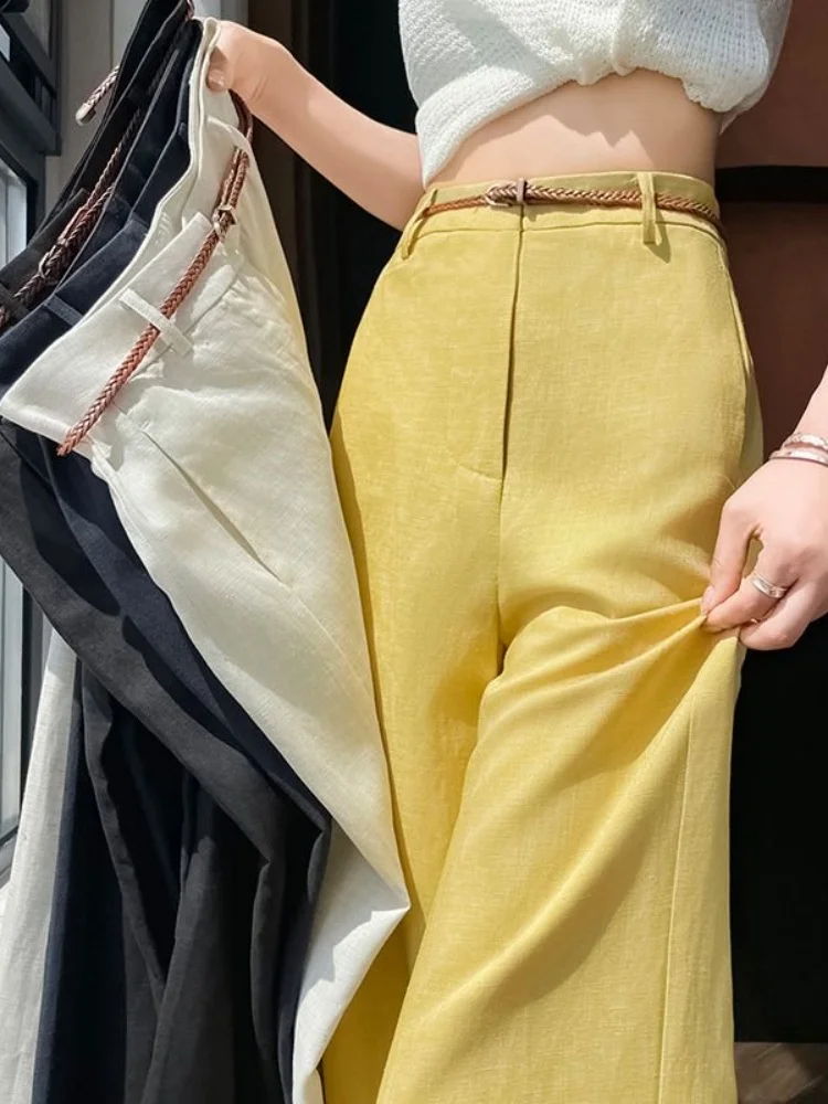 High Waist Narrow Cut Linen Cotton Wide Leg Pants Women's Summer Thin New Style Tailored Suit Trousers Drapey Straight Leg