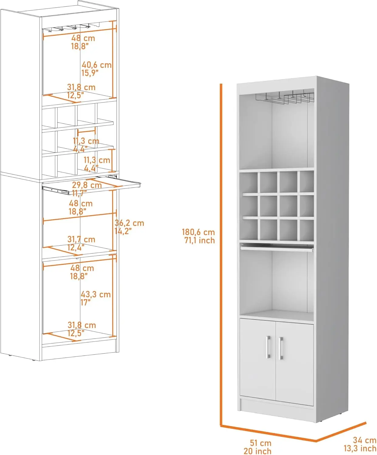 Branco Bar Armário com Wine Rack e Armazenamento, Detém 15 Garrafas e 15 Copos
