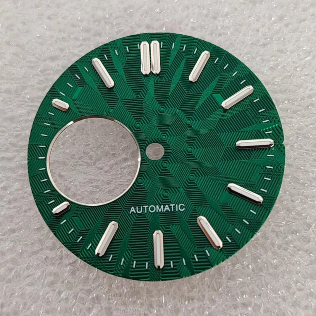 NH38 ساعة الطلب 28.5 مللي متر الأشكال الهندسية الملمس ساعة وجوه الأخضر مضيئة ساعة اكسسوارات لحركة NH38 #4