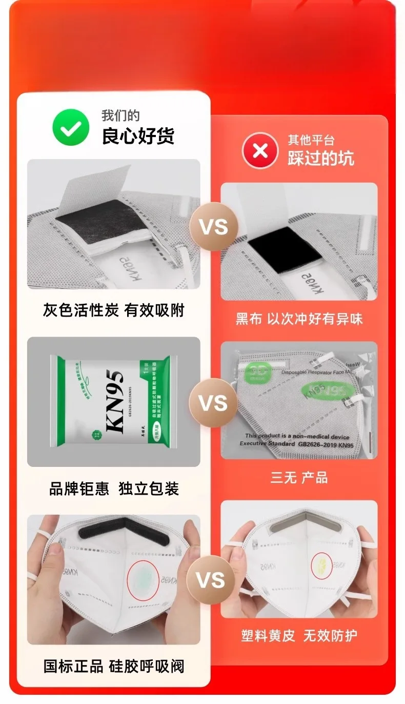 50 PCS KN95 white face masks with 5 layers of independent packaging and breathing valves to prevent industrial dust