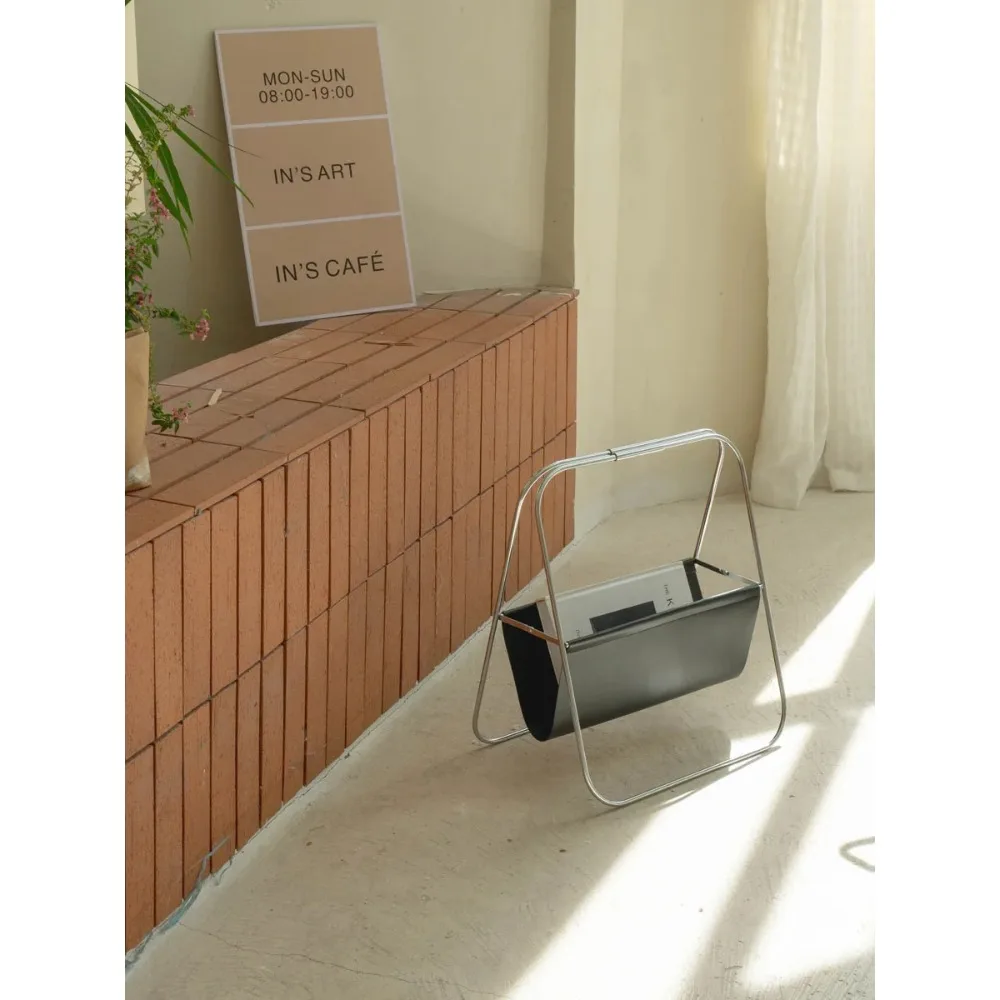 

Light Luxury Retro Stainless Steel Leather Magazine Shelf, Middle Ancient Folding Book and Newspaper Shelf
