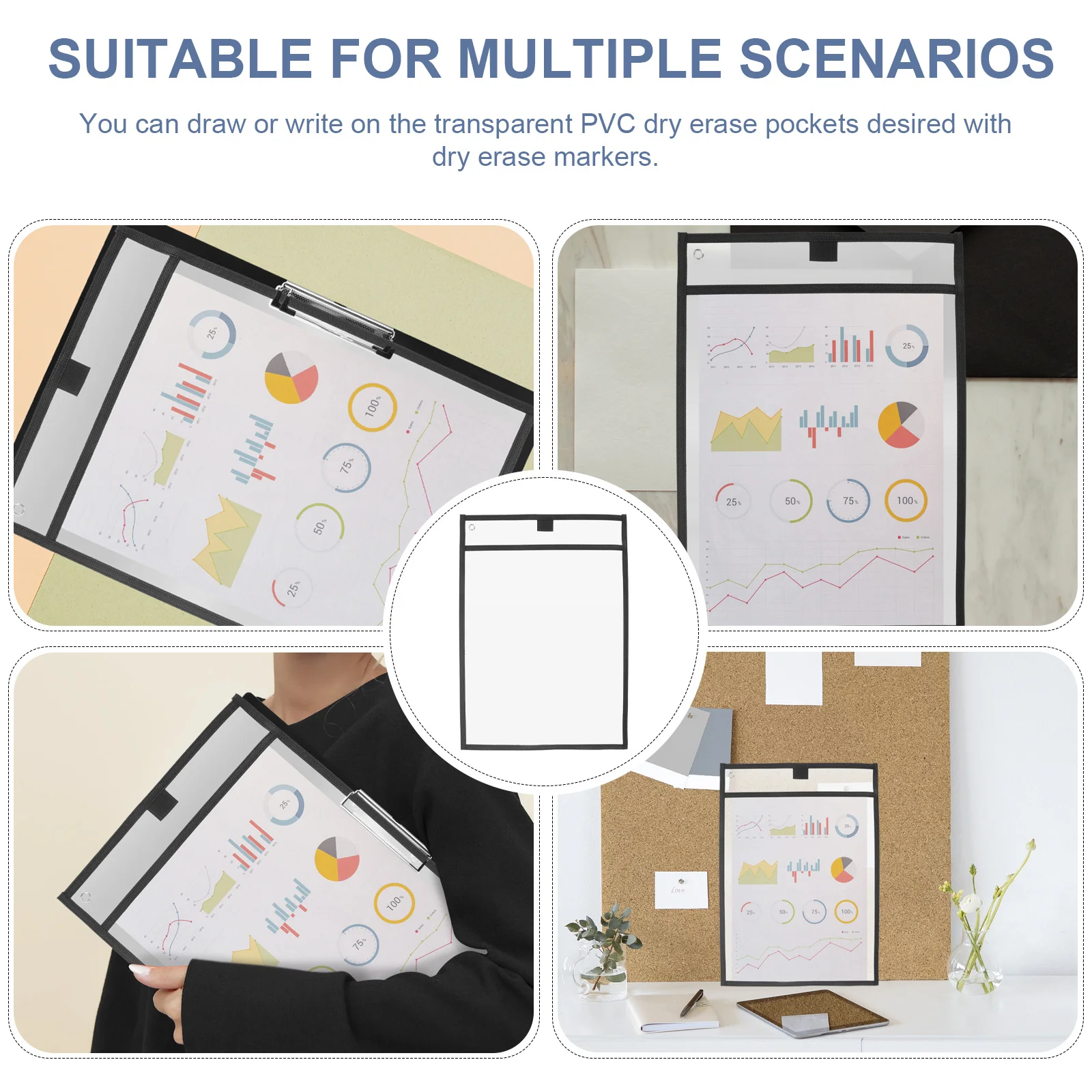 

6Pcs Transparent PVC Dry Erase Pockets with Built-in Pen Slot for Rotating Documents Classroom Tools Stationery Storage Bags