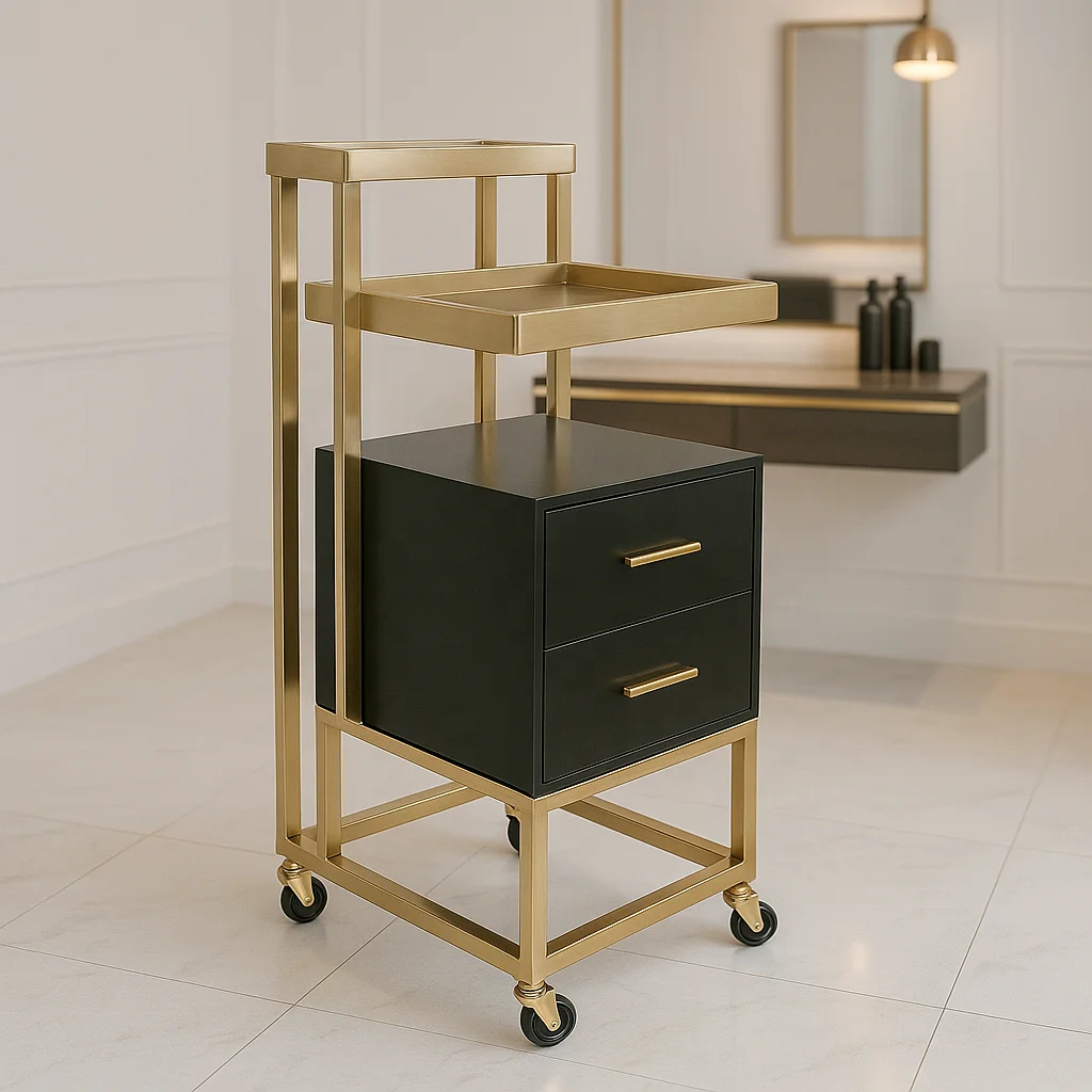 

Luxury Salon Trolley Cart with Gold Metal Frame and Storage Drawers, Rolling Beauty Equipment Organizer for Hairdresser Use