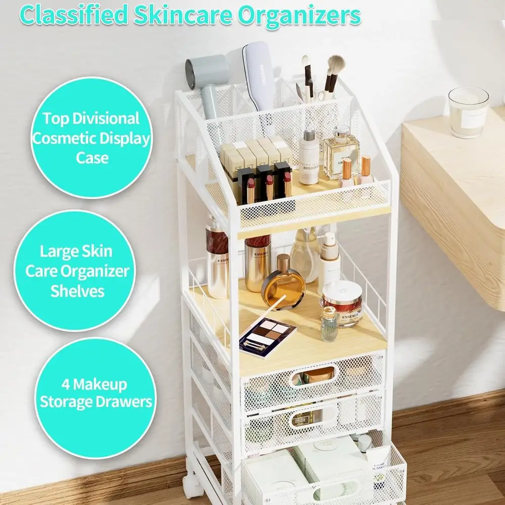 Chariot de maquillage roulant à 4 tiroirs – Organisateur de vanité au sol pour le rangement des soins de la peau, des cosmétiques, des parfums et des vernis à ongles.