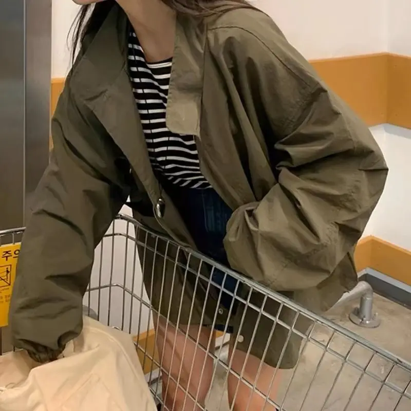 Chic Vintage Simple Half High Collar Loose Casual Long Sleeve Pleated Design Windbreaker Coat for Women Spring Season Other M...