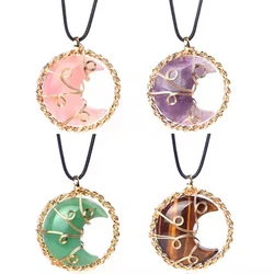 New fashion Natural stone amethyst rose quartz wire wrapped moon pendant necklace crystal healing gemstone jewelry