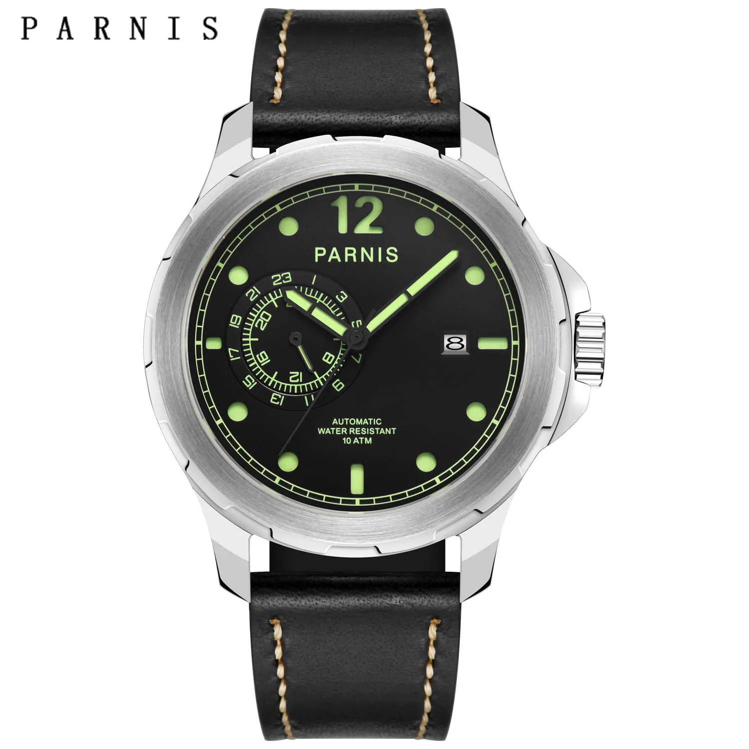 

Parnis 44mm Silver Case Men's Automatic Mechanical Watches Leather Strap Luminous 100M Waterproof Watch Gift Clock reloj hombre