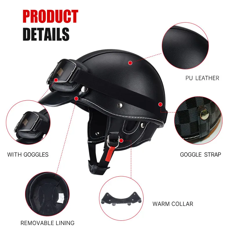 Helm sepeda motor setengah disetujui DOT pria wanita, helm sepeda motor dengan kacamata empat musim profil rendah