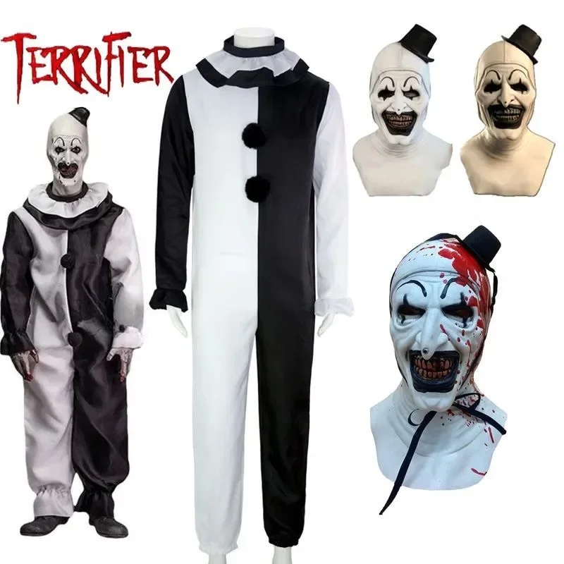 

Adult Child Horror Movie Terrifier Cosplay Costume Stage Performance Uniform Clown Clothes Scary Bloody Mask Halloween Outfit