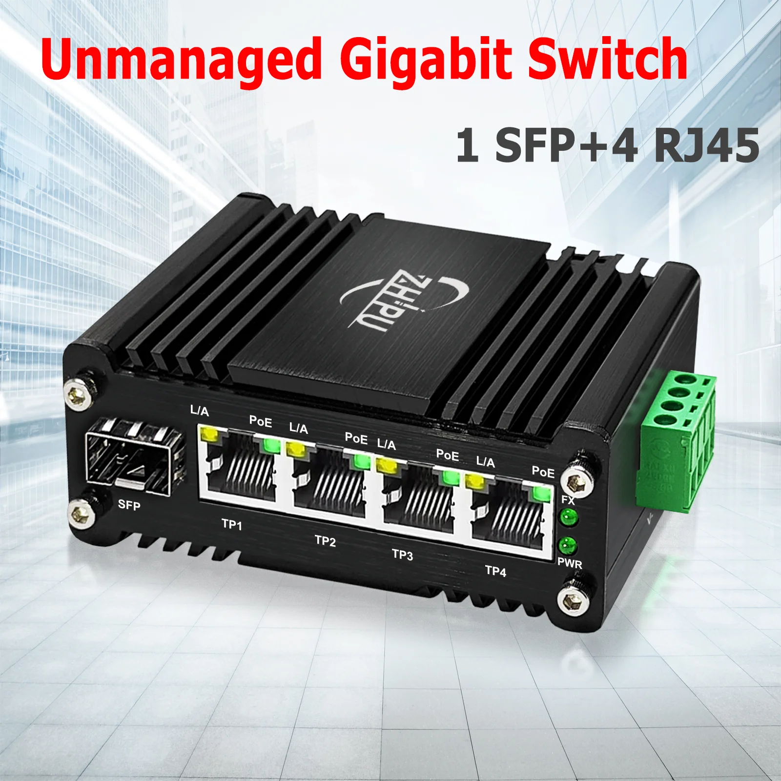 

Промышленный гигабитный 4-портовый Ethernet-коммутатор POE с 1 слотом SFP, оптоволоконным коммутатором с адаптивным SFP 1000 Мбит/с, установка на DIN-рейку