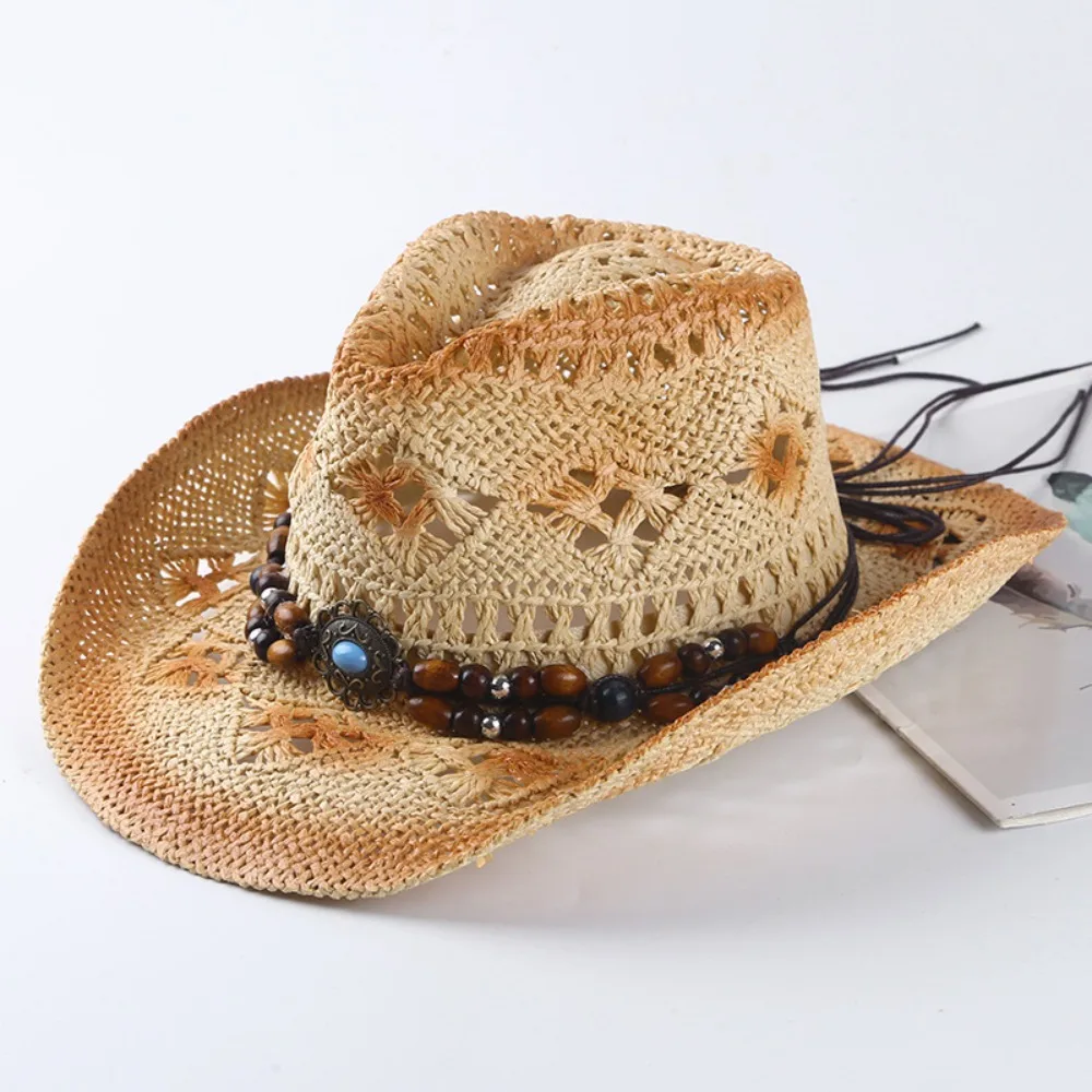 

Classic Wide Brim Western Cowboy Hat Solid Color Ethnic Style Panama Cap Hollow Out Beads Cowgirl Visor Cap Summer