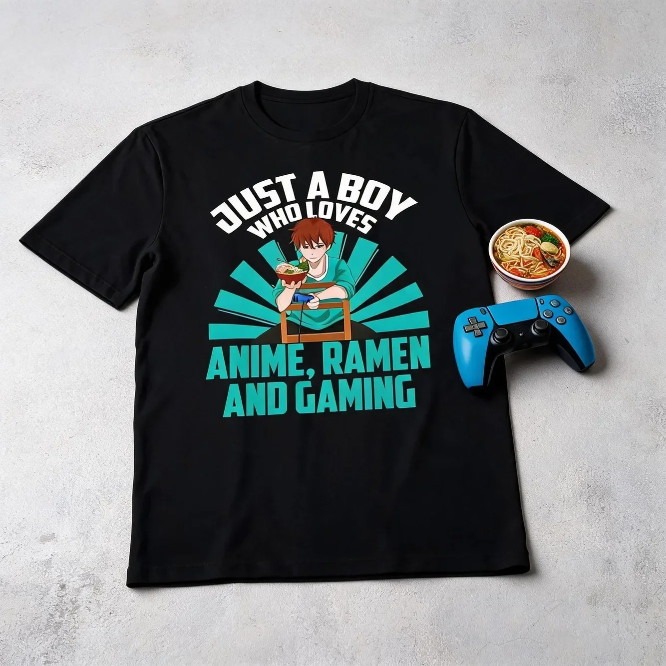 Just A Boy Who Anime Ramen And Gaming Japanese Anime T Shirt Jpgsame Style For Men And Women 2025 Summer Short Sleeved Printed T Shirt Pure 220G