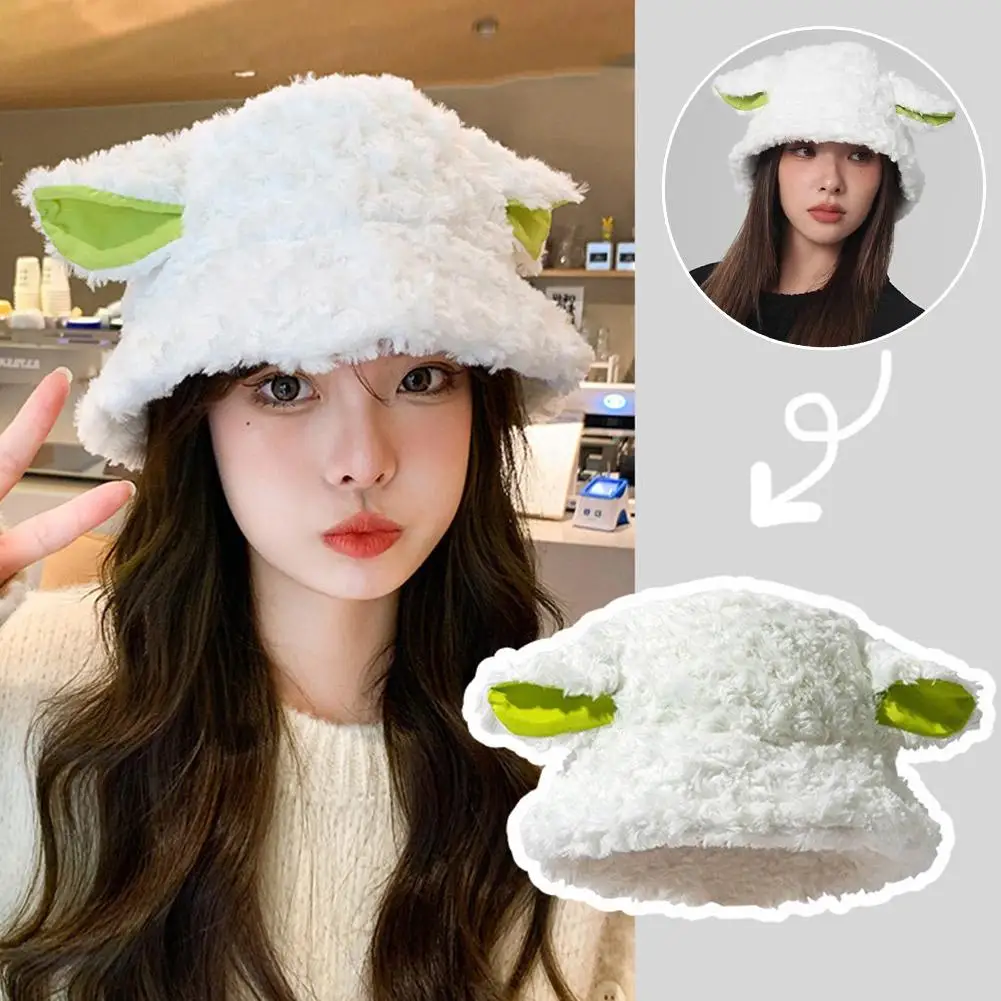 Fluffy Lamb Ear Bucket Hat Cute Sheep Ears Faux Fur Beanie For Winter Soft Warm Cap For Women Outdoor Panama Fisherman Hat B5r3