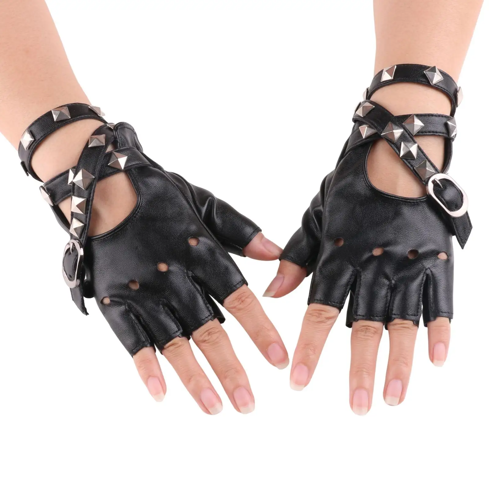 Faux Leather Gloves Hollow Out Rivets Decor Fingerless Gloves for Women Cosplay Performance Cycling Outdoor Sports