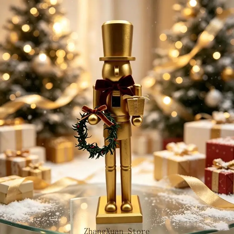 Weihnachts-Nussknacker-Figur, Tischdekoration aus Holz, mattes Gold-Finish mit Kranz-Akzent, 38,1 große Kaminsimse und – Detail 3