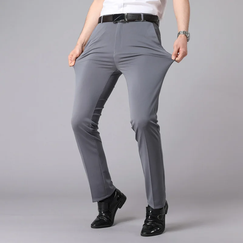 Spring summer Men's Clothing Casual Thin Elastic Ice Silk Middle-aged Loose Straight Tube Solid Color Business Suit Pants