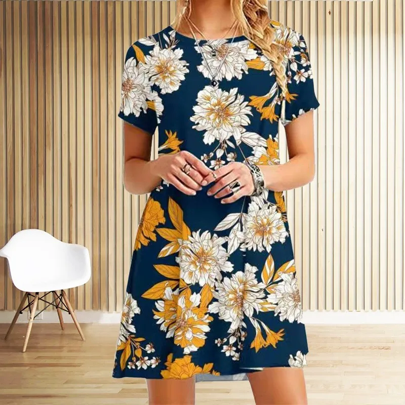 Amazon Cross border Skirt 2024 Summer New Casual City Round Neck Short Sleeve Floral Print Loose Dress