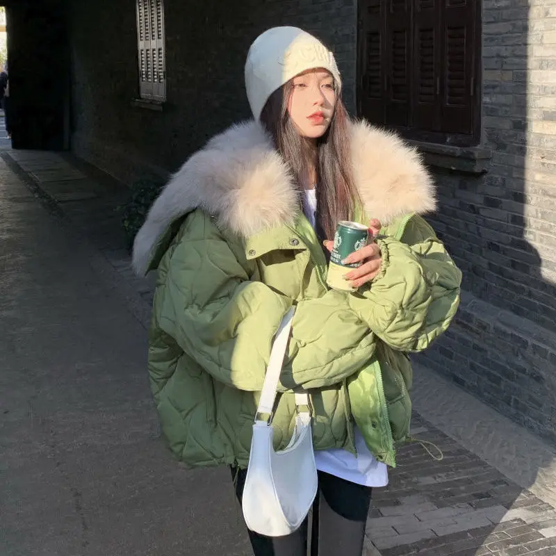 Women Faux Mink Fur Big Lapel Collar Hat Cotton Padded Jacket Fall Winter Thickening Puffer Coat Quilted Cardigan Parka Chaqueta