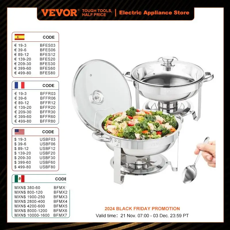 VEVOR 4QT 2-Pack Round Chafing Dish Set Stainless Steel Buffet Chafer with Full Size Pan Glass Lid  Fuel Holder Catering Warmer