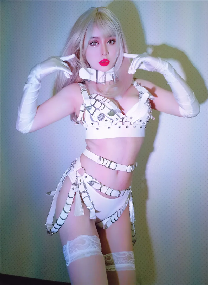 2025 Seksowne Białe Bikini Klub Nocny Gogo Strój Tancerza Impreza Rave Ubrania Pole Dance Kostium Bar DJ DS Clubwear Odzież Festiwalowa